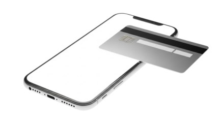Smartphone with a credit card on screen, representing online payment and ecommerce, isolated on transparent background