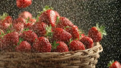 Dramatic slow-motion strawberries rain into a rustic basket, showcasing vibrant red texture and energetic fruit-splash motion ideal for bold food branding.