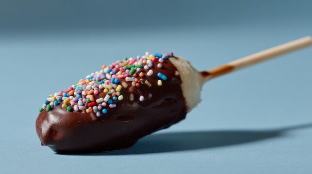 Chocolate-cloaked banana, sprinkled rainbow bliss, echoes summer fairs, nostalgia dessert, perfect for Chocoholics Unite Day festivities