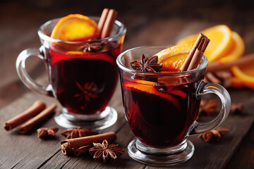 Aromatic Mulled Wine Served in Elegant Glass Mugs, Garnished with Orange Slices and Spices, Perfect for Cozy Winter Evenings and Festive Gatherings