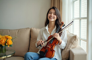 Smiling teenage girl with violin at home. Happy female violinist sitting on sofa. Young woman plays string instrument indoor. Musician practices music at room in casual clothing.