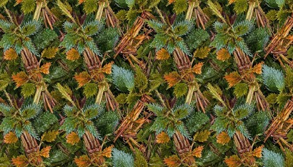 Obraz premium Intricate Botanical Pattern Featuring Green Pine Needles Amber Leaves and Brown Pine Cones in a Textured Mosaic Design