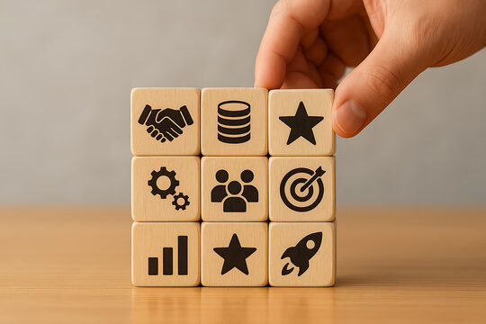 A nine-block wooden cube structure showing icons like handshake, data, star, gear, people, target, chart, rocket, illustrating business strategy and growth
