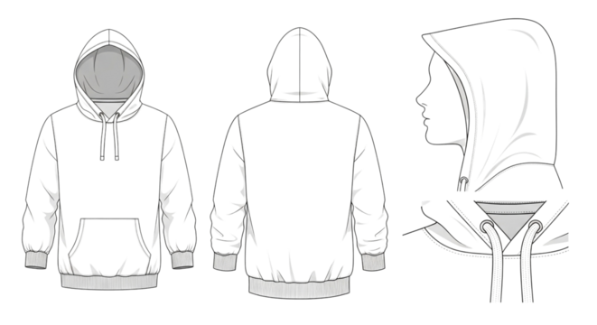 White hoodie flat fashion sketch, front, back and side view isolated on transparent background