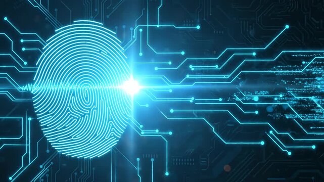 Digital fingerprint scan and data transfer representation. Biometric identification moving across circuit board for security concept.