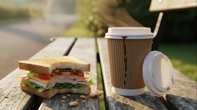 Half eaten sandwich, coffee cup, and spilled coffee on park bench for lost and found items investigation.
