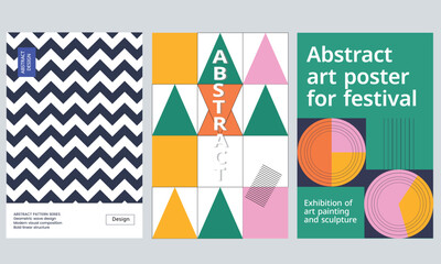 Abstract geometric art poster set featuring bold patterns, shapes, and modern design layouts for contemporary festival graphics. Abstract Poster Design
