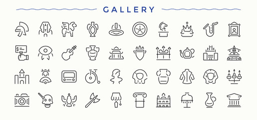 Gallery icon set. Outline icons collection. Editable stroke vector art. History linear icon collection. Contains related to history, ancient, antique, exhibit, art, exhibition, historical and more.