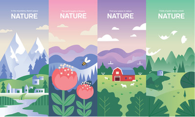 Nature themed vector landscape set featuring mountains, flowers, farm scenery, forests, and wildlife in soft modern illustration. Nature Poster Design