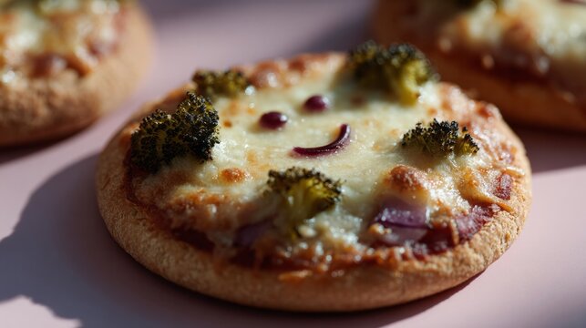 Joyful broccoli-faced mini pizzas, whimsical comfort food for quirky garden picnics, World Vegetarian Day refreshments, culinary smiles