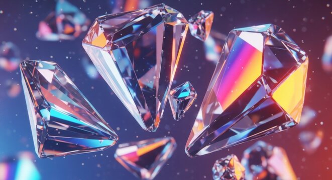 Floating brilliant cut diamonds with vibrant light reflections and glitter