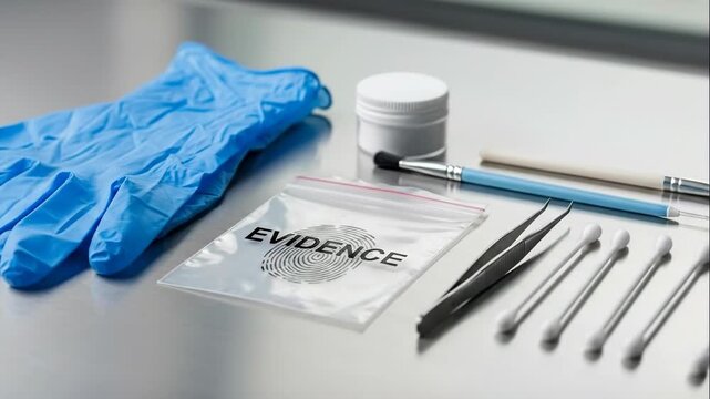 Forensic investigation kit with blue gloves and evidence bag on a metal table for crime scene analysis