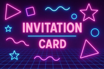 Retro neon invitation card with glowing geometric shapes on dark grid background, 80s synthwave party design template.