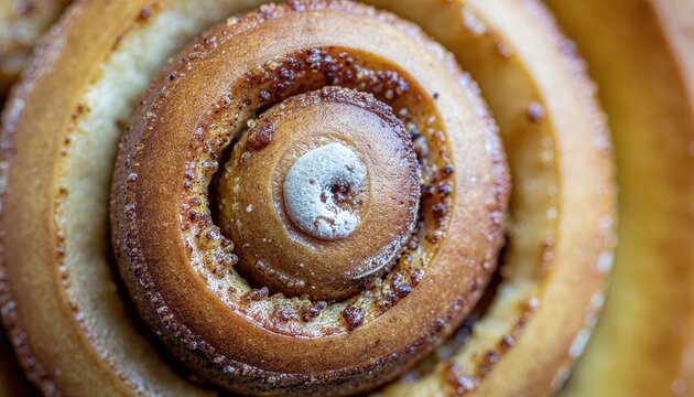 Close-up View of a Baked Cinnamon Roll Swirl with Golden Brown Crust and Sugar