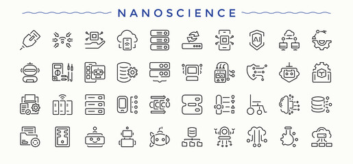 Nanoscience linear icon collection. Modern thin line style icons. Pack of technology, research, tech, nano, lab, innovation. Pictogram and infographic. Tech simple icon set.