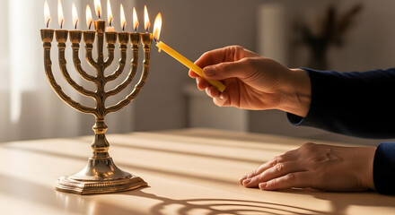 Hand lighting a candle on a menorah during Hanukkah, casting warm shadows.