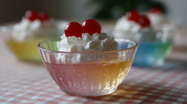 Rainbow-hued jelly with whimsical whipped peaks, crowned by cherries, evokes a nostalgic Fairy Floss Day delight