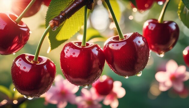 vibrant cherries on floral background a striking close up of plump glistening red cherries hanging from a branch against a vivid backdrop of abstract floral patterns