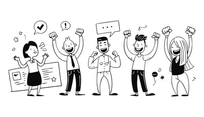 Happy team celebrating success achievement doodle illustration