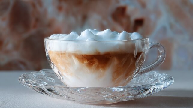 Close-up of a glass cup of coffee on a saucer. the cup is transparent and has a handle on one side. the coffee is a dark brown color and appears to be frothy and frothy.