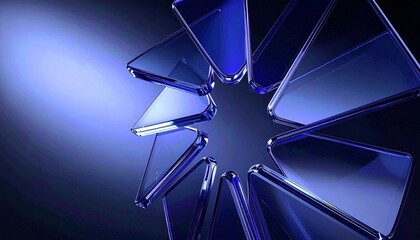 
Deep black background with glass circle of transparent triangle plates 3d render. Crystal glossy shapes with light refraction on abstract 3D