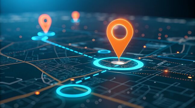 Digital map with glowing location pins and connected route visualization