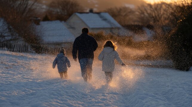 Snow-dusted family twilight stroll evokes Solstice enchantment, Nordic winter tales, diverse joy in frosty dusk glow