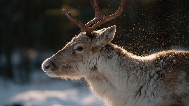 Rustic antlered reindeer in ethereal snow flurry, capturing Yule's mystical embrace and Lapland's reindeer-herding traditions