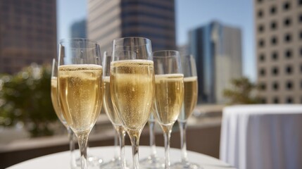 Effervescent champagne flutes shimmer under a city skyline, hinting at cosmopolitan sunshine soirees and World Cocktail Day celebrations