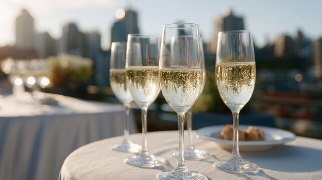 Sparkling champagne flutes dance in sunlight, evoking urban elegance, New Years revelry, and bubbly effervescence atop rooftop soirees