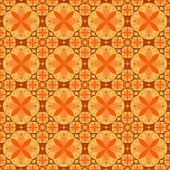 seamless pattern with orange flowers,orange curves ,painted create to flowershape, leaves, brown background in geometric patterns as sarong,fabric,tile,printed fabric,batik,tablecloth patterns.