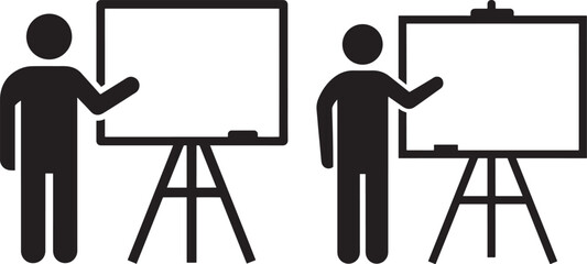 Two people presenting at whiteboards silhouette