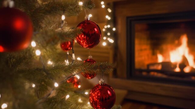 &aacute;rbol de Navidad decorado con bolas rojas brillantes y guirnaldas, iluminado con luces c&aacute;lidas que parpadean suavemente. El &aacute;rbol est&aacute; situado en un acogedor sal&oacute;n de madera, junto a una chimenea.