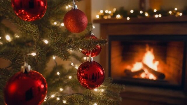 &aacute;rbol de Navidad decorado con bolas rojas brillantes y guirnaldas, iluminado con luces c&aacute;lidas que parpadean suavemente. El &aacute;rbol est&aacute; situado en un acogedor sal&oacute;n de madera, junto a una chimenea.