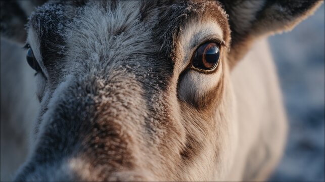 Reindeer's soulful gaze captures Arctic whimsy, invoking Yuletide mystique and Sami folklore under wintry aurora borealis skies