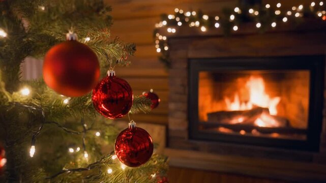 &aacute;rbol de Navidad decorado con bolas rojas brillantes y guirnaldas, iluminado con luces c&aacute;lidas que parpadean suavemente. El &aacute;rbol est&aacute; situado en un acogedor sal&oacute;n de madera, junto a una chimenea.