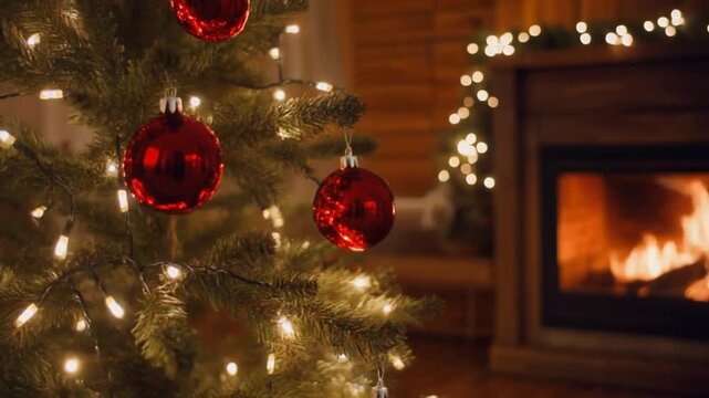 &aacute;rbol de Navidad decorado con bolas rojas brillantes y guirnaldas, iluminado con luces c&aacute;lidas que parpadean suavemente. El &aacute;rbol est&aacute; situado en un acogedor sal&oacute;n de madera, junto a una chimenea.