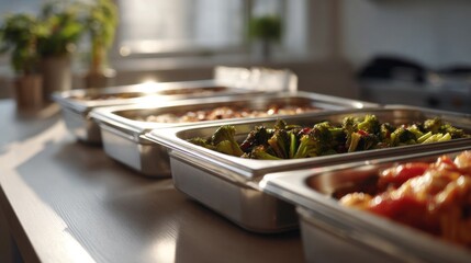 Buffet gleam of sizzling colors in stainless steel trays, capturing Vegan Month indulgence and International Chefs Day flair