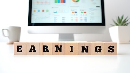 Earnings displayed with wooden blocks financial growth concept
