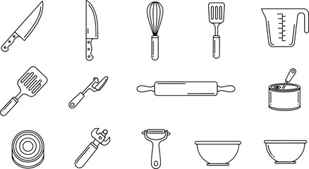 Essential kitchen tools and utensils outline, ready for culinary projects, cooking classes, food blogs, and recipe illustrations with a modern minimalist style