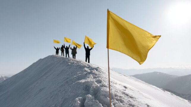 Triumphant silhouettes with vibrant yellow flags atop wintry peak, celebrating Climbing Day; unity, resilience, alpine conquest