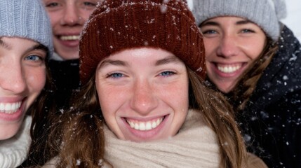 Snow-dusted smiles of young Caucasian friends, cozy warmth amidst frosty wonderland, celebrating Winter Solstice and Glitterfest reunion