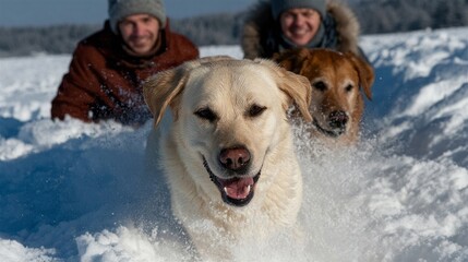 Joyful Labrador races through fluffy snow, flanked by grinning companions, embracing Winter Solstice frolic and Playday enchantment