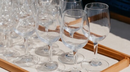 Array of crystal goblets poised on wooden tray, awaiting soirees, whispered symphonies; Festivus and World Water Day elegance