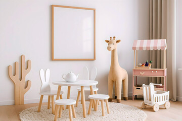 Kids Room Minimalist Interior with Empty Frames and Neutral Decor