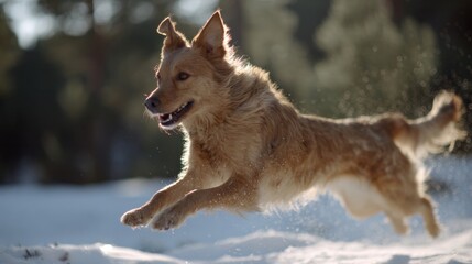 Golden canine leaps through wintry embrace, echoing joyous canid revelry, embodying vitality akin to Nordic Yule frolics
