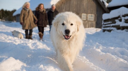 Snowy Pyrenean mountain dog bounds joyfully towards bundled trio, evoking Winter Solstice magic and Hygge hearthside coziness vibes