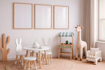 Kids Room Minimalist Interior with Empty Frames and Neutral Decor