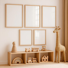 Kids Room Minimalist Interior with Empty Frames and Neutral Decor