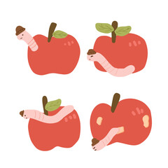 Hand-Drawn Worms and Apples Vector Set with Cute Apple Bites and Worm Characters